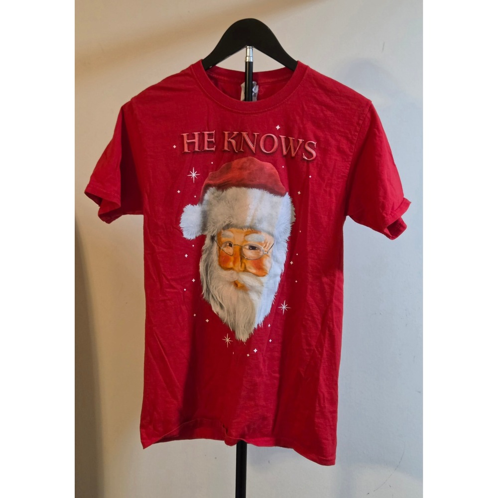Santa Clause He Knows Graphic T-Shirt Mens Size Small Red